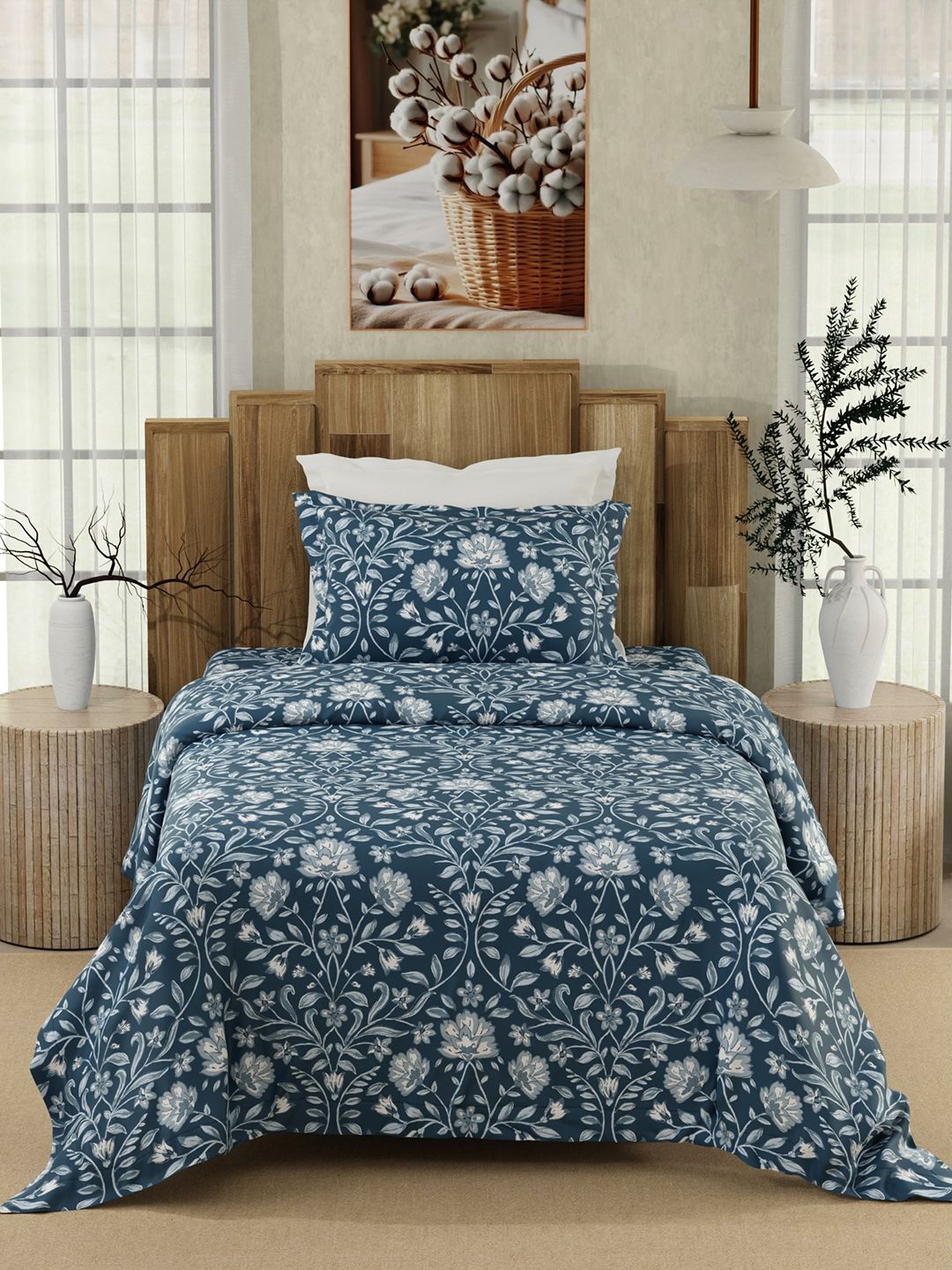 

Color Sense Navy Blue & White Floral 200 TC Single Bedsheet with 1 Pillow Covers