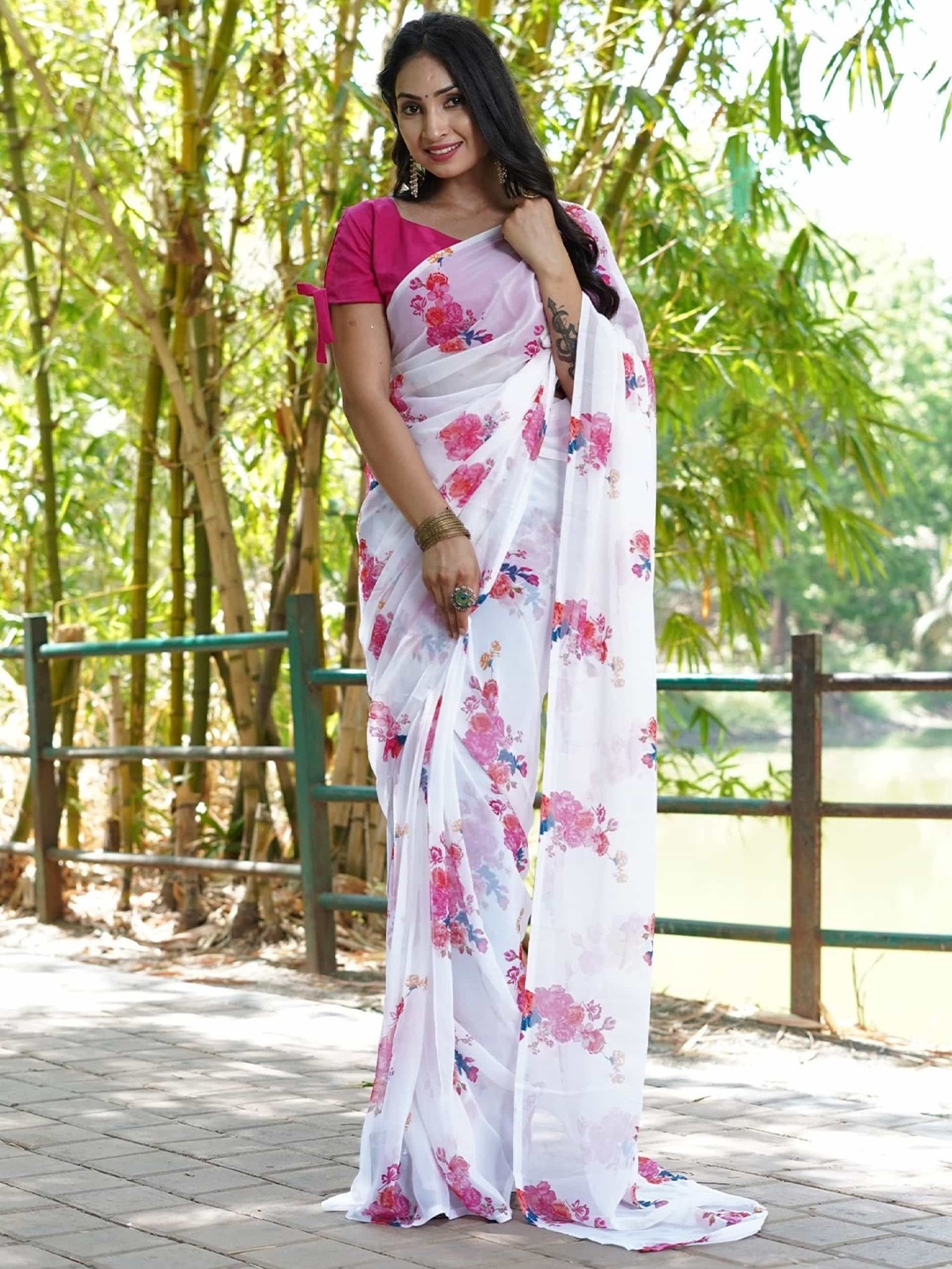 

KALINI Floral Printed Pure Chiffon Ready to Wear Saree, White