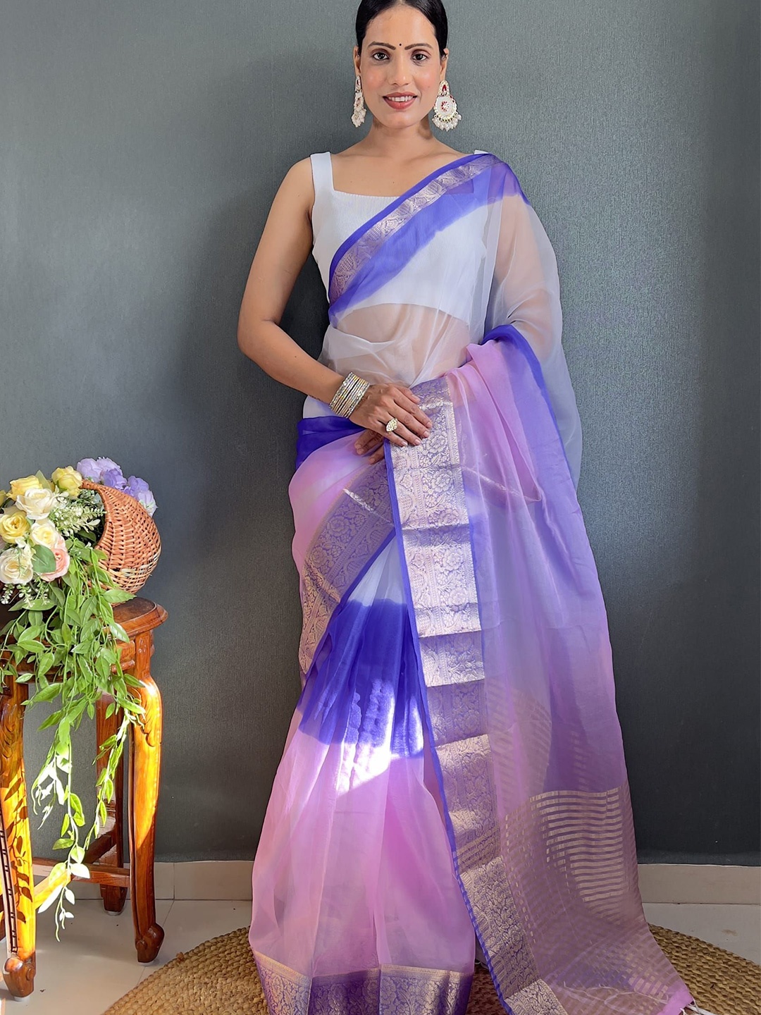 

KALINI Tie and Dye Zari Organza Leheriya Saree, Blue