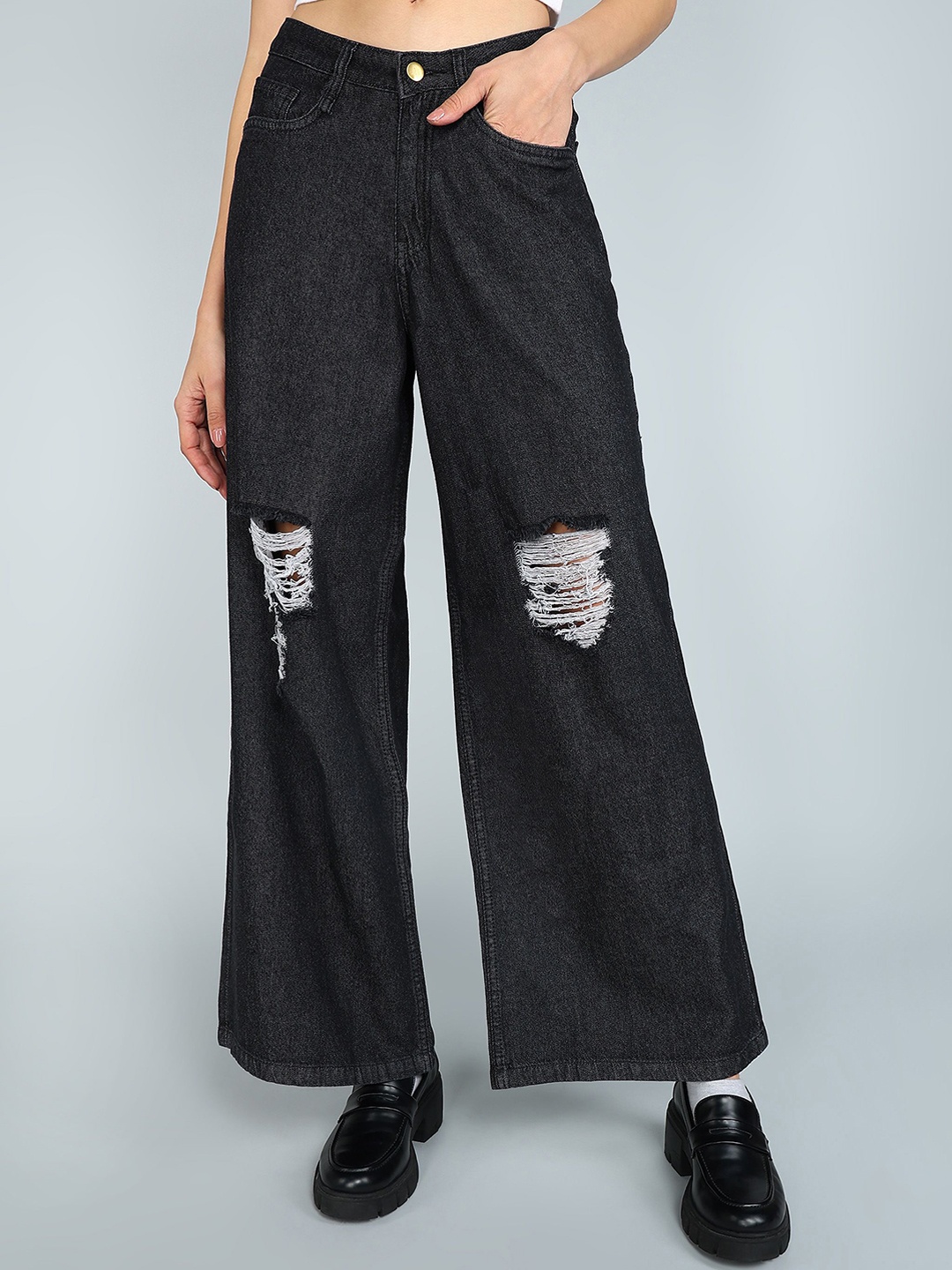 

GUTI Women Wide Leg High-Rise Mildly Distressed Jeans, Black