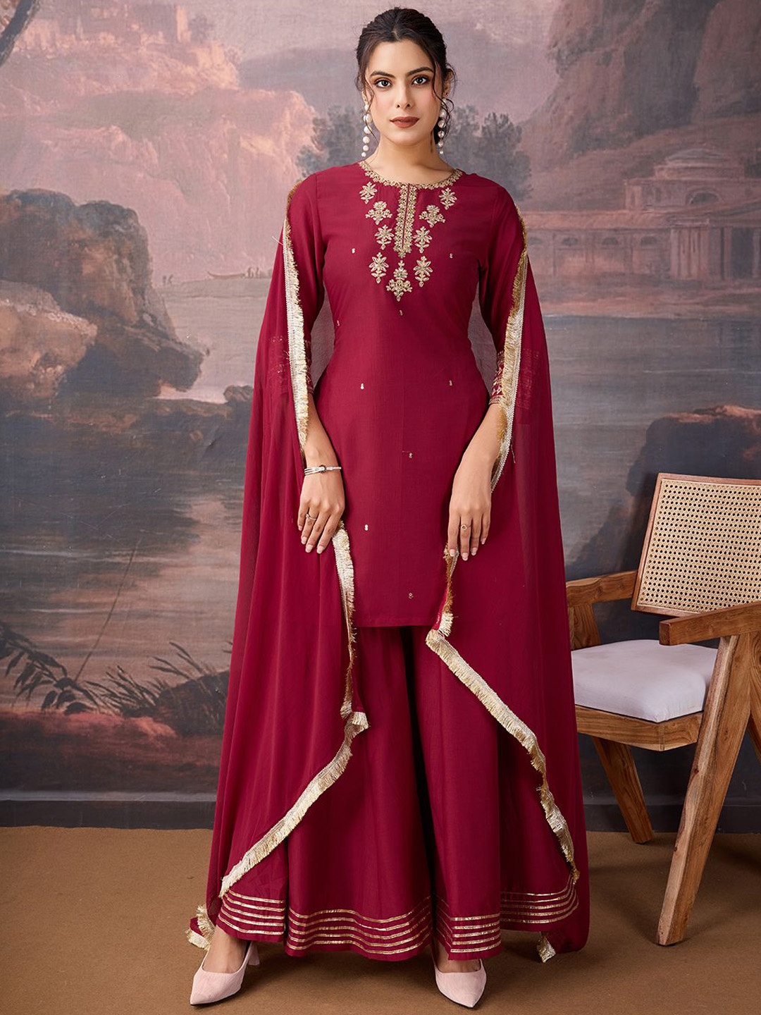 

House of Pataudi Embroidered Kurta Set With Dupatta, Maroon