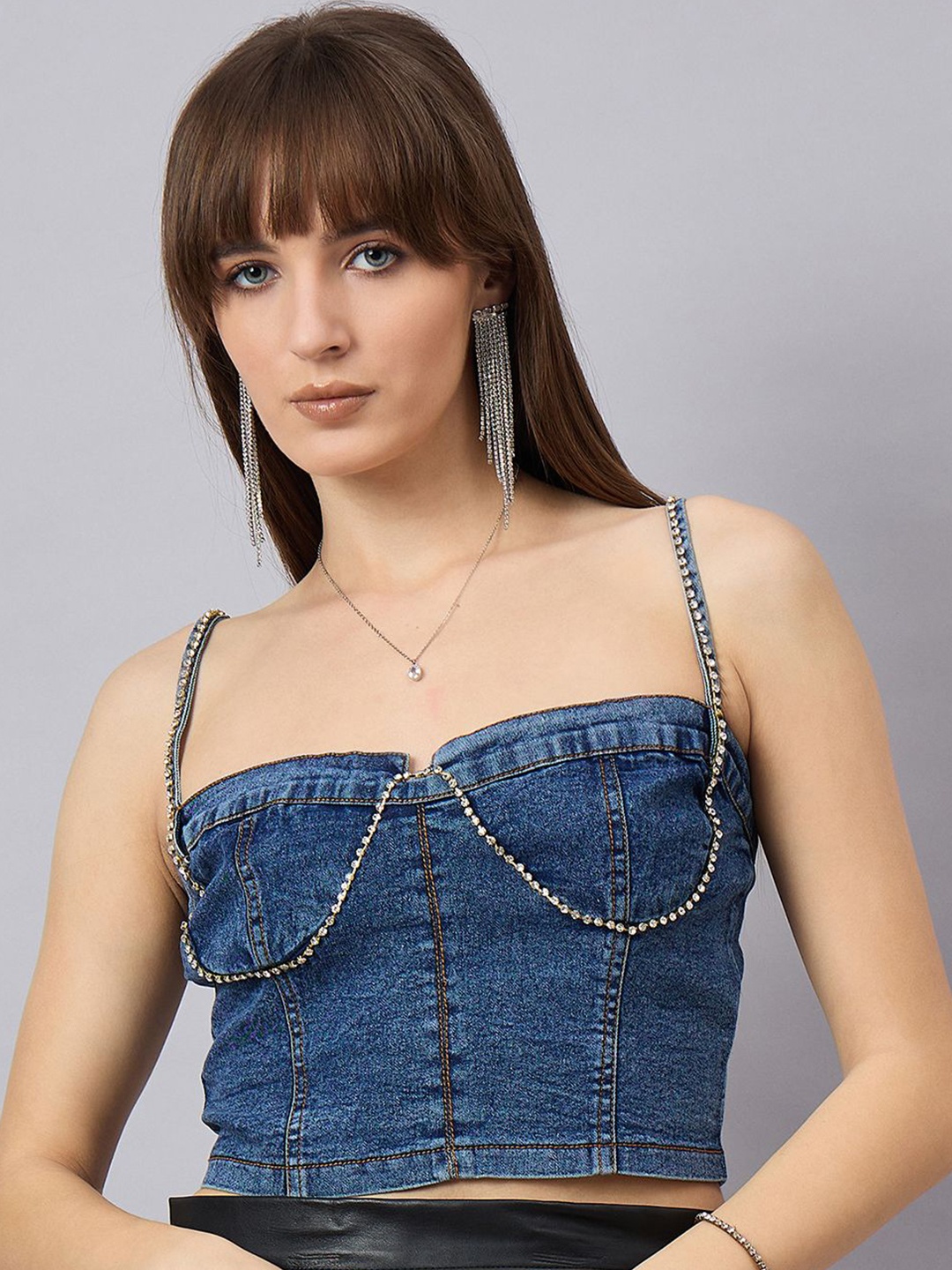 

Orchid Blues Embellished Cotton Crop Top, Blue