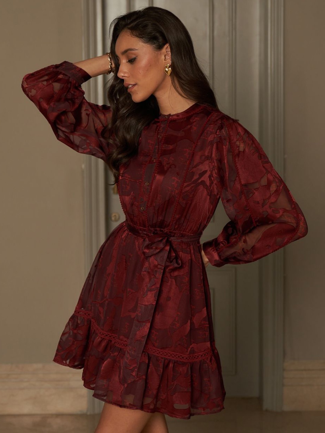

Style Island Women Bohemian Embroidered Bishop Sleeve Jacquard Fit & Flare Dress, Red