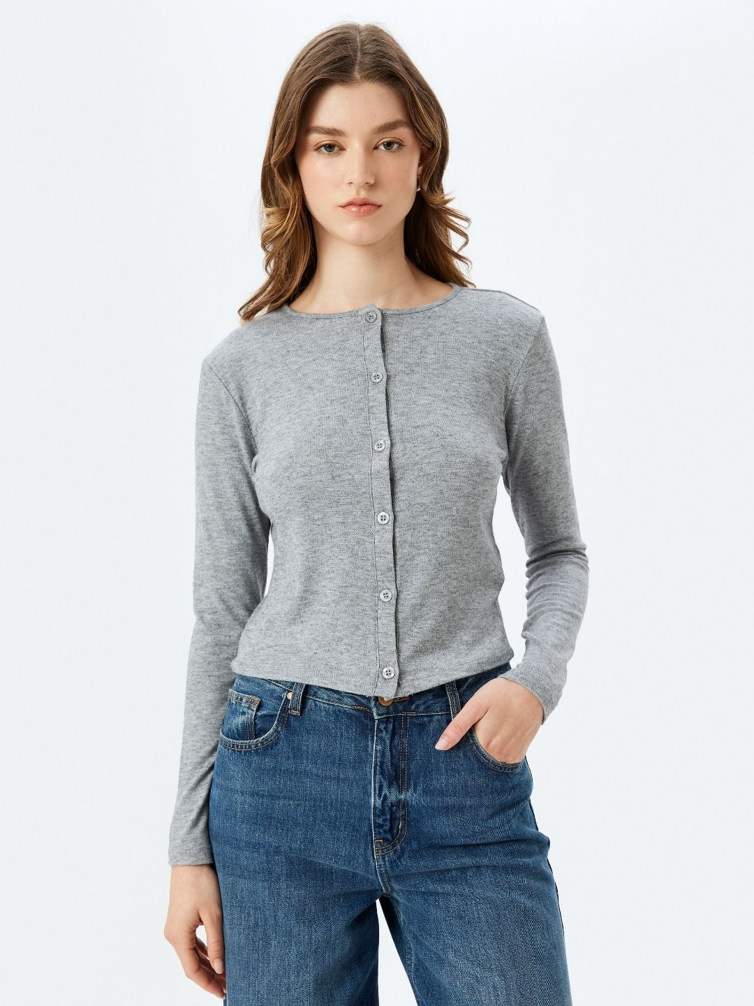 

Koton Women Henley Neck Applique Slim Fit T-shirt, Grey