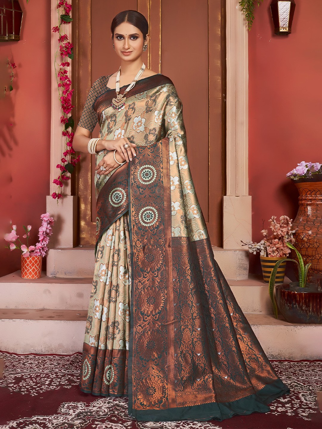 

Areca Designer Woven Design Pure Silk Banarasi Saree, Sea green