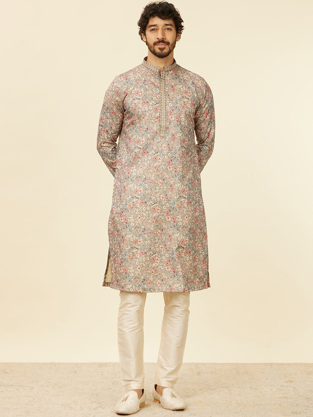 

Manyavar Men Floral Printed Regular Sequinned Kurta with Pyjamas, Grey