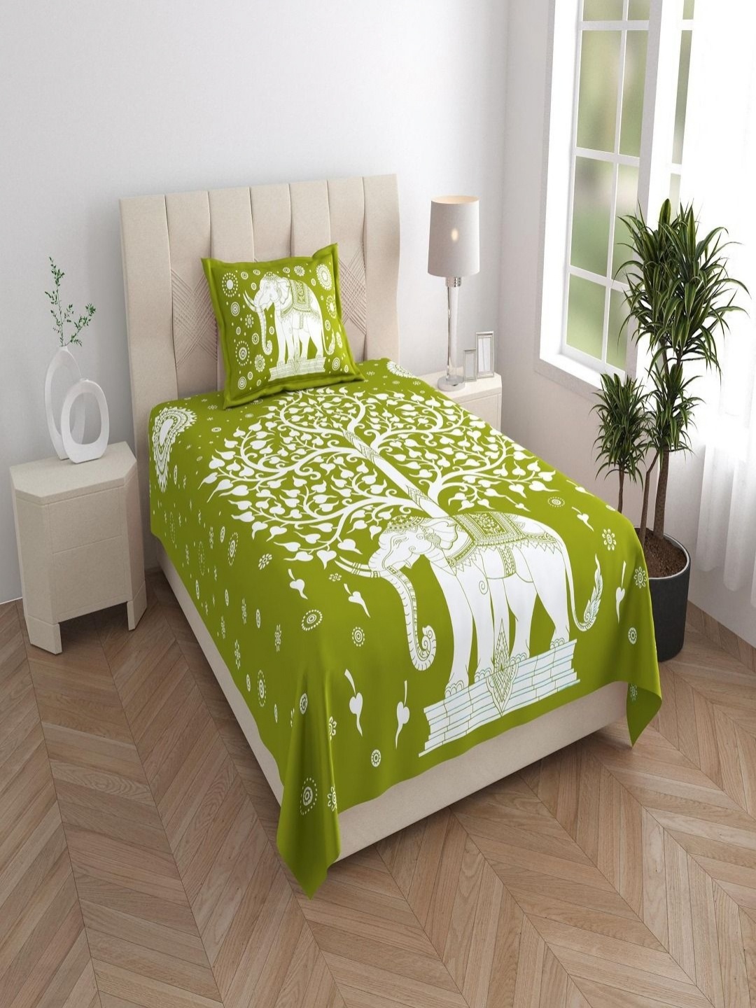 

Aura Green & White Ethnic Motifs 120 TC Single Bedsheet with 1 Pillow Covers