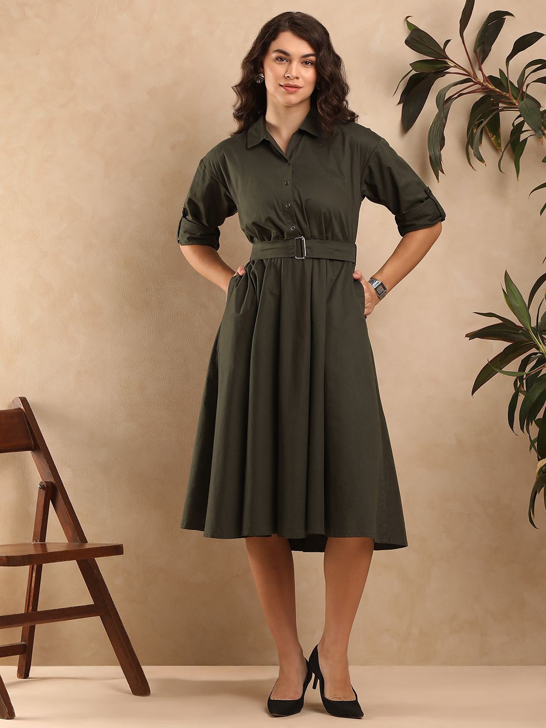 

Gazillion Shirt Midi Dress, Olive