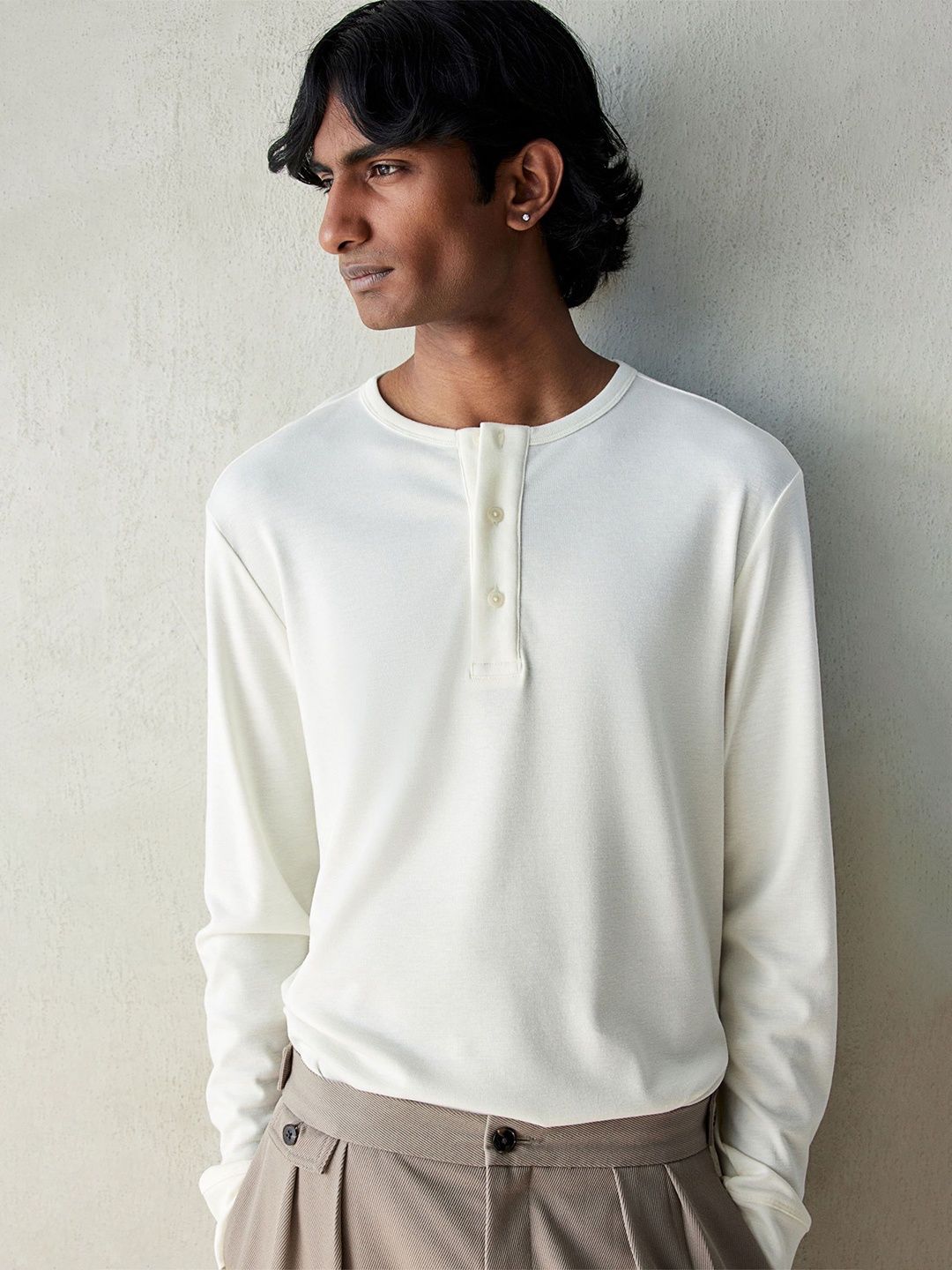 

H&M Ribbed Henley T-Shirt, White