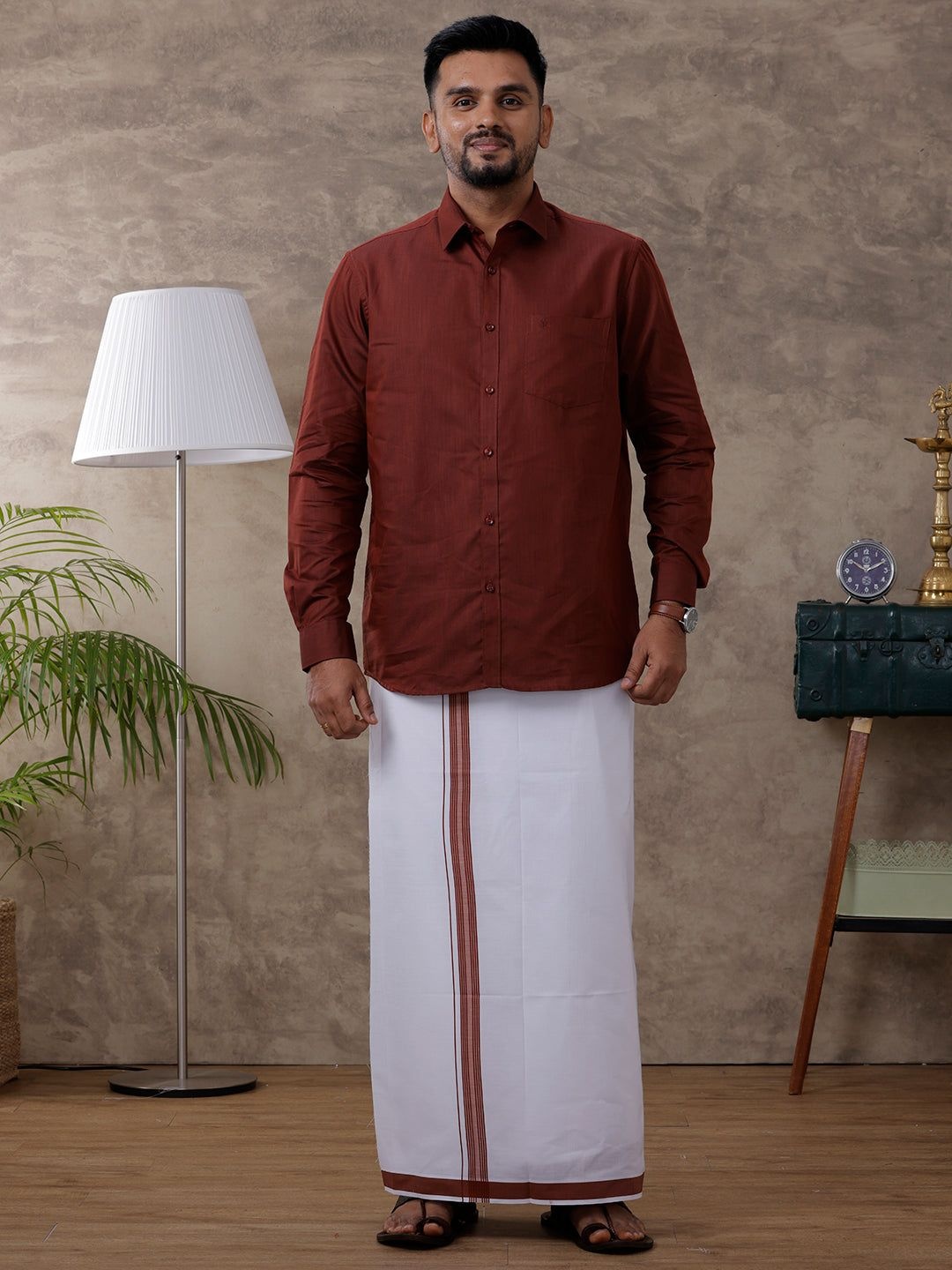 

RAMRAJ Men Full Sleeve Shirt With Fancy Border Dhoti, Brown