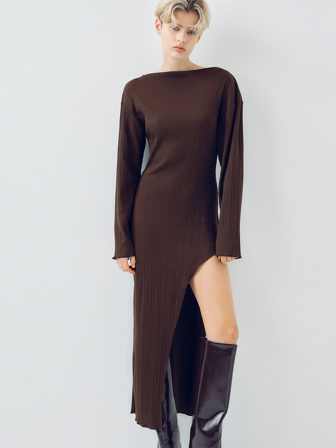 

H&M Ribbed Asymmetric Dress, Brown