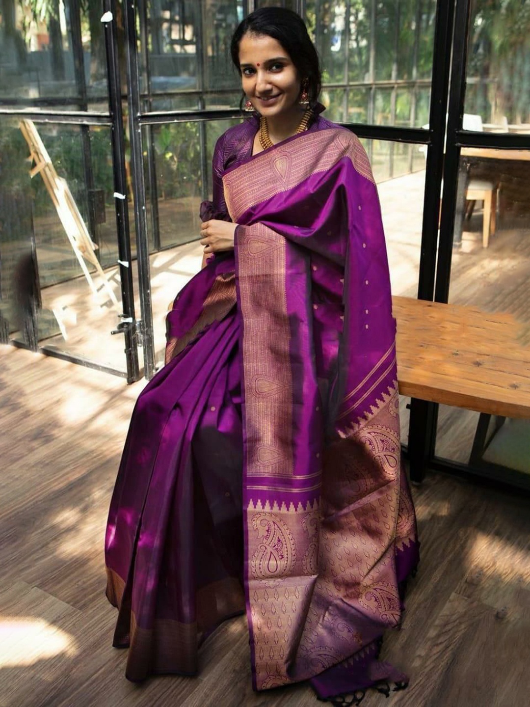 

Areca Designer Woven Design Zari Pure Silk Banarasi Saree, Purple