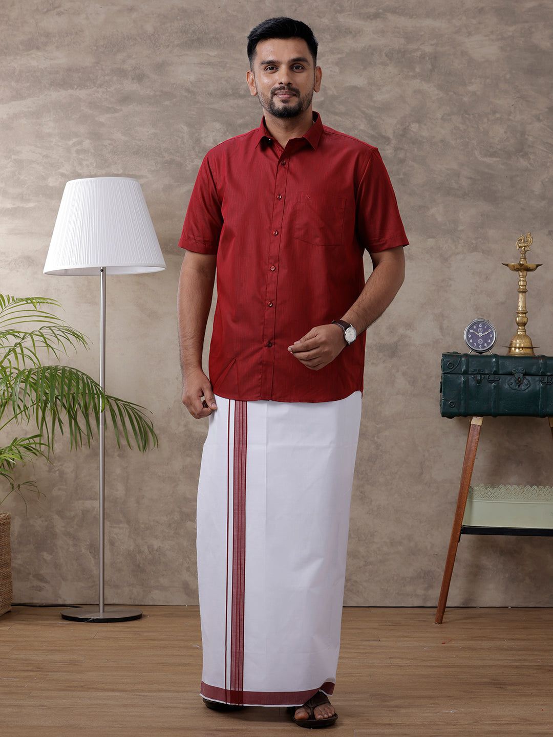 

Ramraj Half Sleeves Spread Collar Shirt With Matching Fancy Border Dhoti, Red