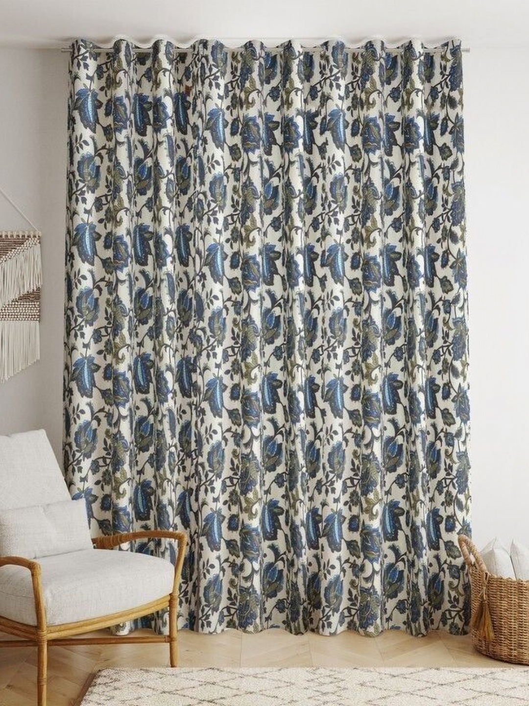 

BILBERRY Furnishing by preeti grover White & Blue Set of 2 Floral Room Darkening Window Curtain