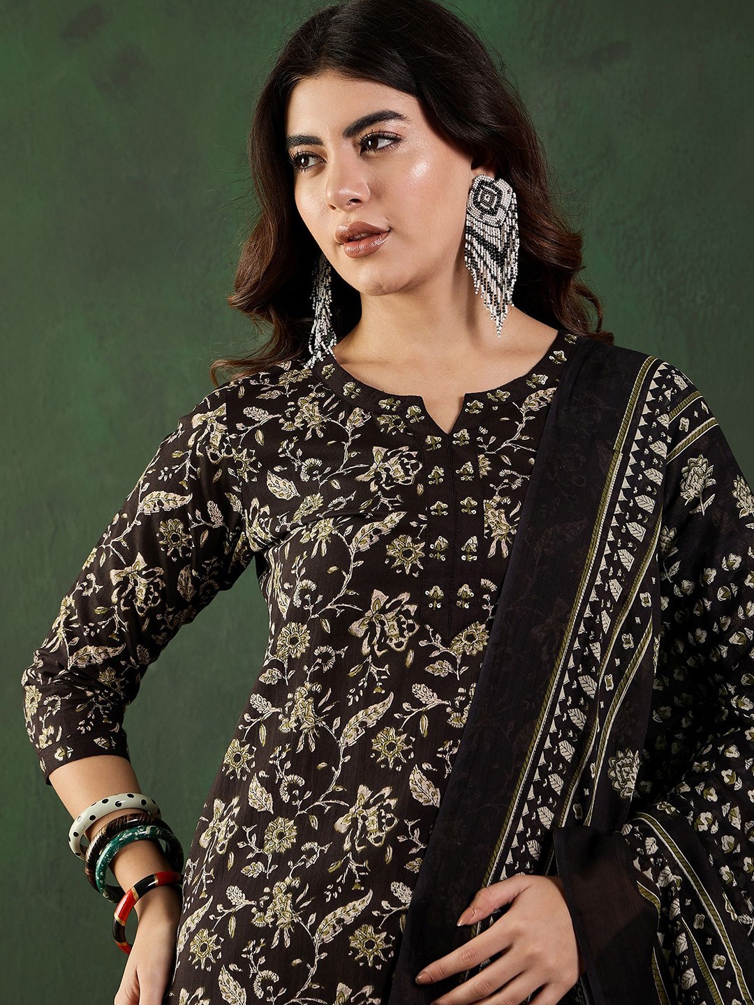 

Sangria Printed Pure Cotton Kurta Set With Dupatta, Black