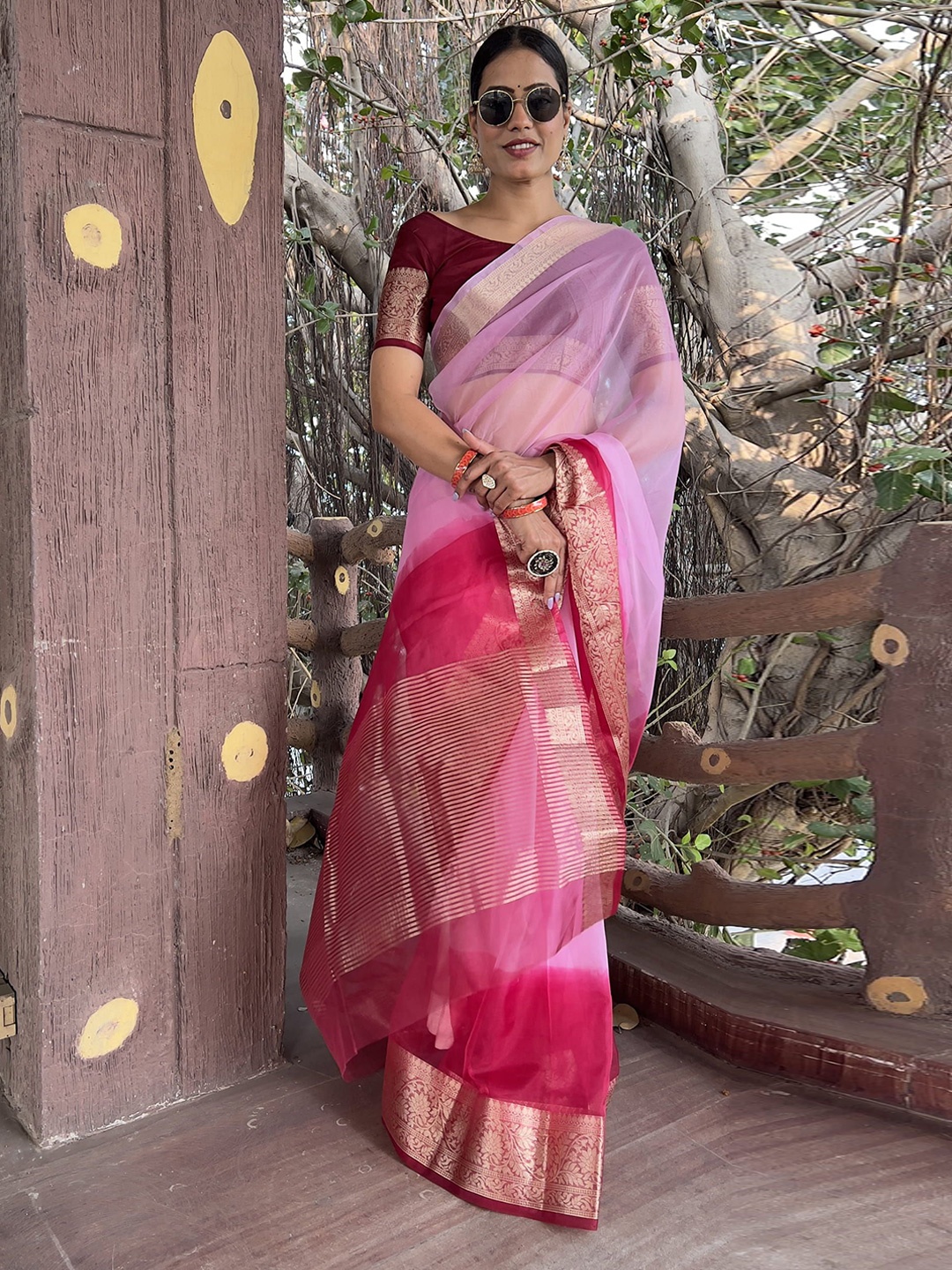 

KALINI Tie and Dye Zari Organza Leheriya Saree, Pink