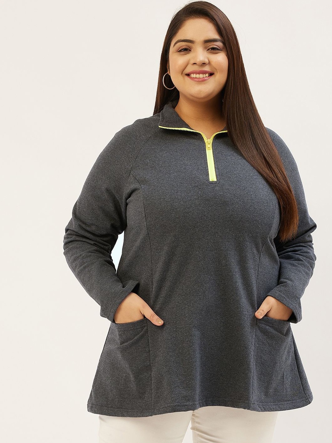 

theRebelinme Women Plus Size Mandarin Collar Pullover Sweatshirt, Charcoal