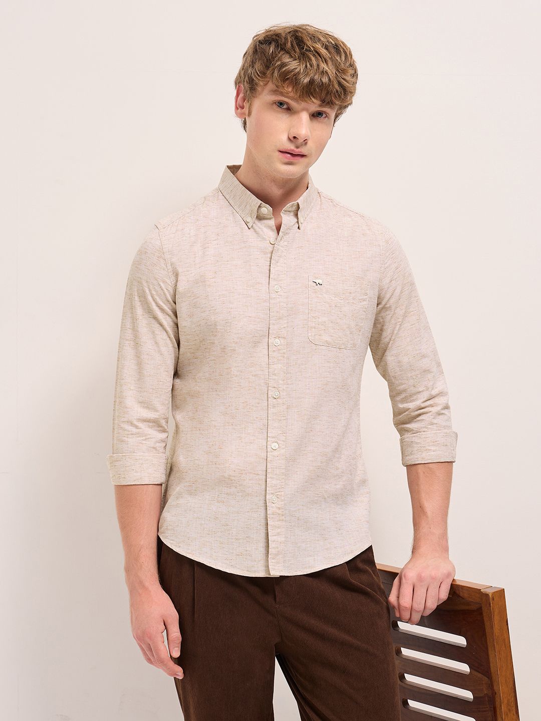

THE BEAR HOUSE Men Slim Fit Opaque Casual Shirt, Beige