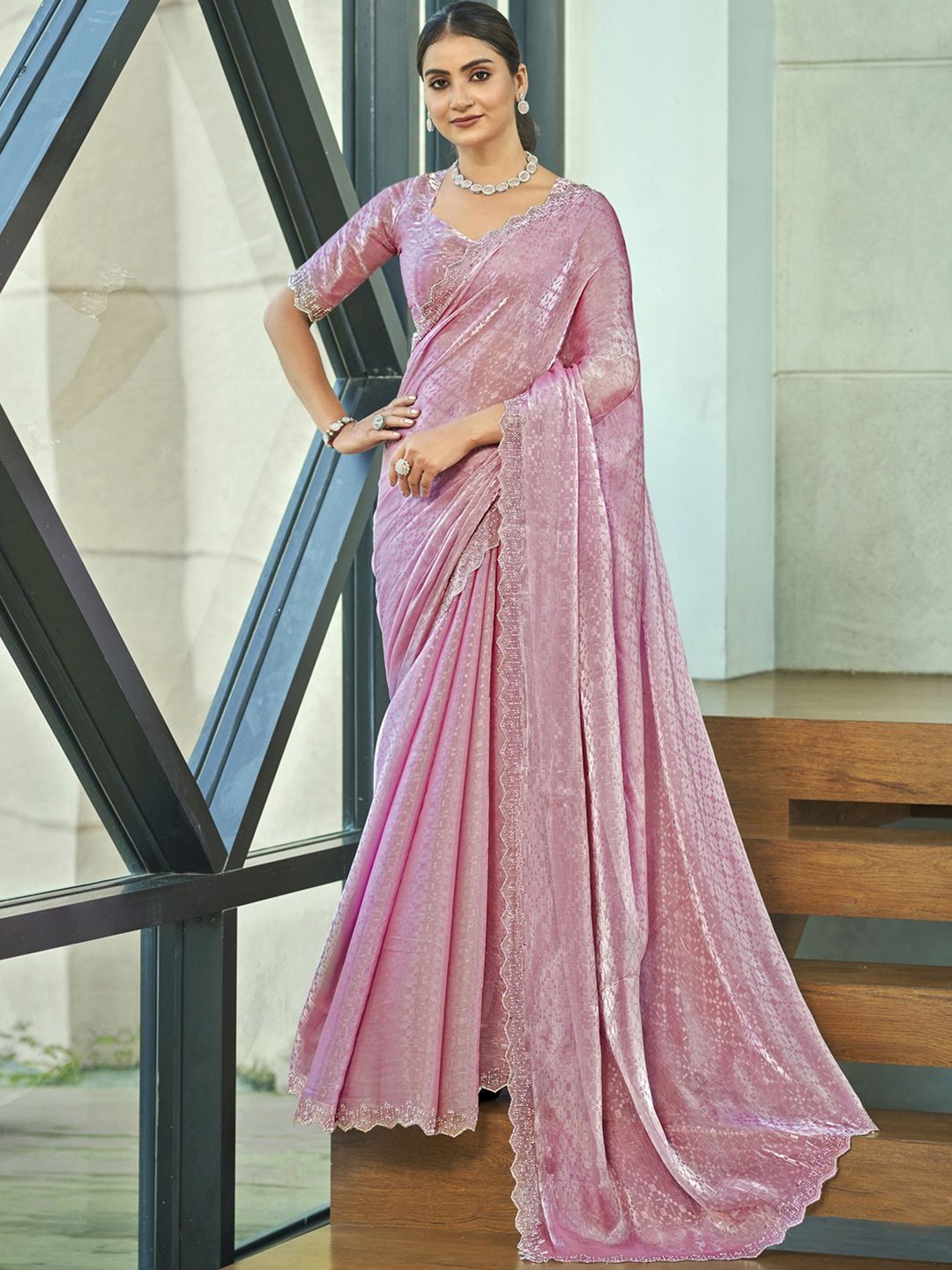 

Stylee LIFESTYLE Embellished Beads and Stones Saree, Pink