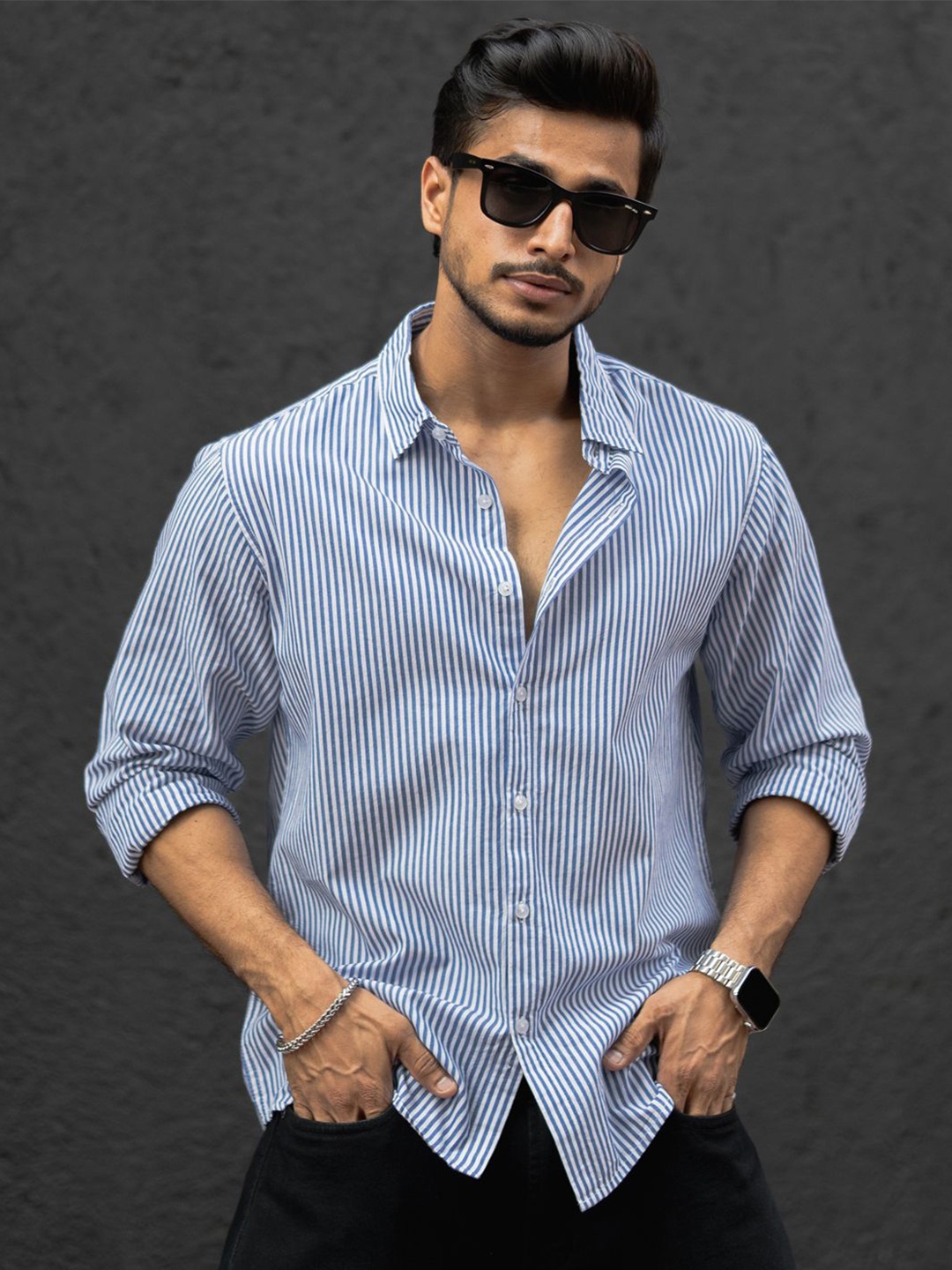 

Powerlook Men Opaque Striped Casual Shirt, Blue