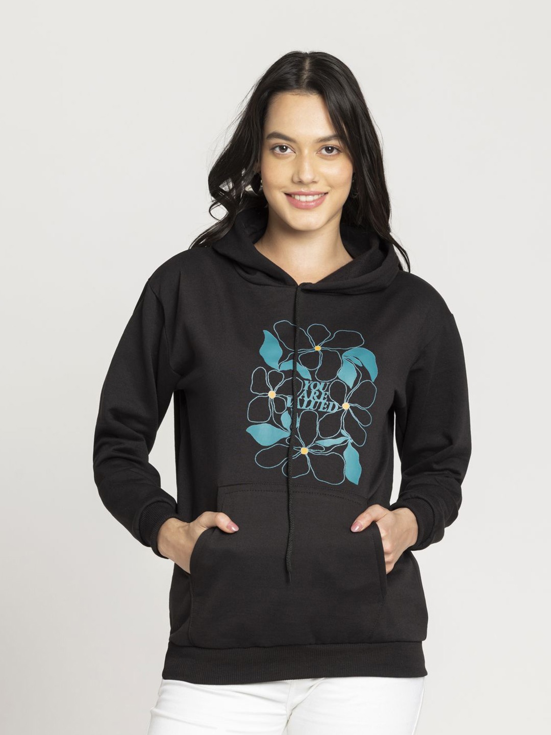 

OCTICS Women Graphic Printed Hooded Pullover Sweatshirt, Black