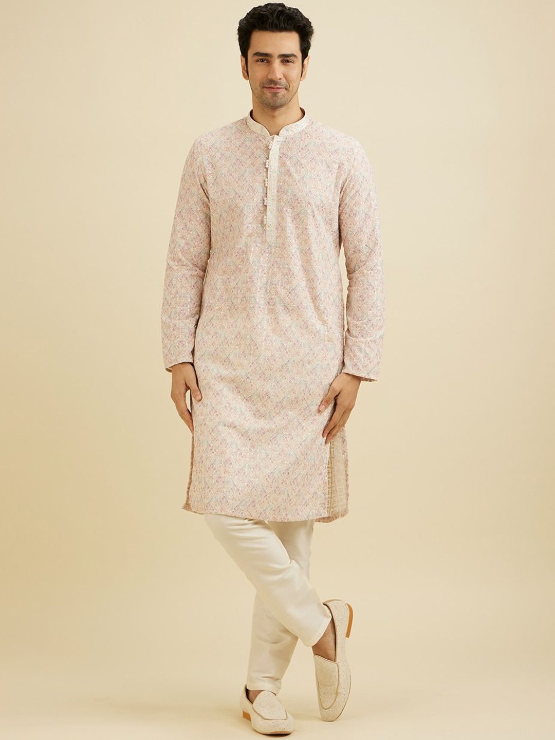 

Manyavar Men Printed Regular Kurta with Pyjamas, Pink