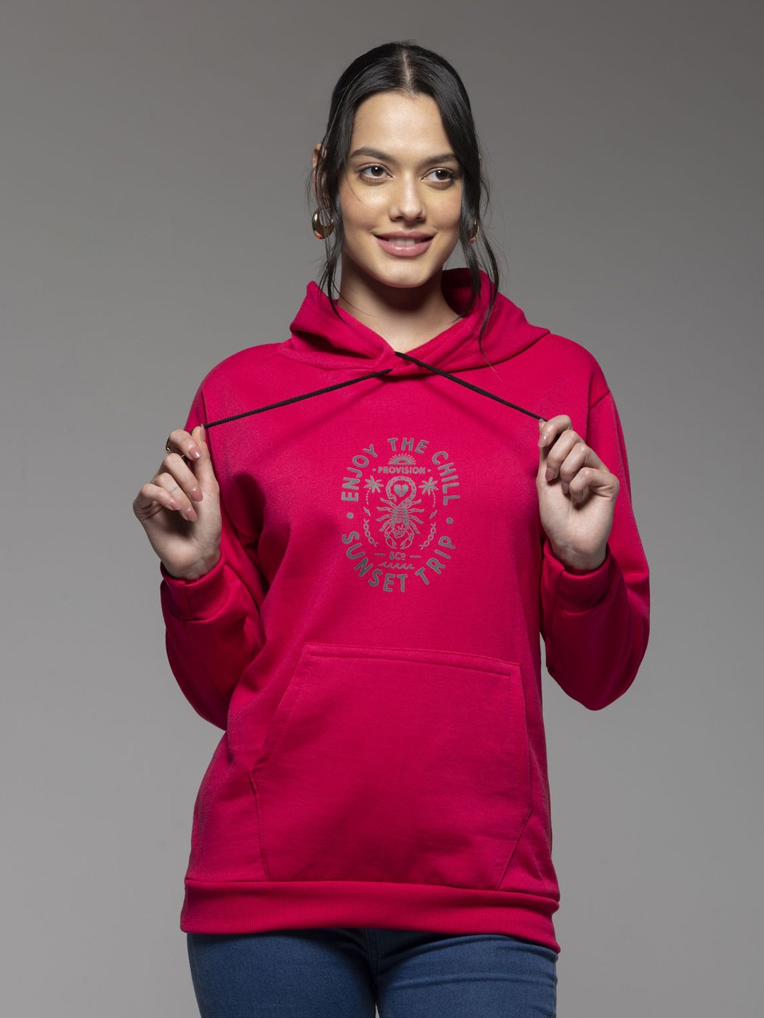 

OCTICS Women Printed Hooded Sweatshirt, Pink