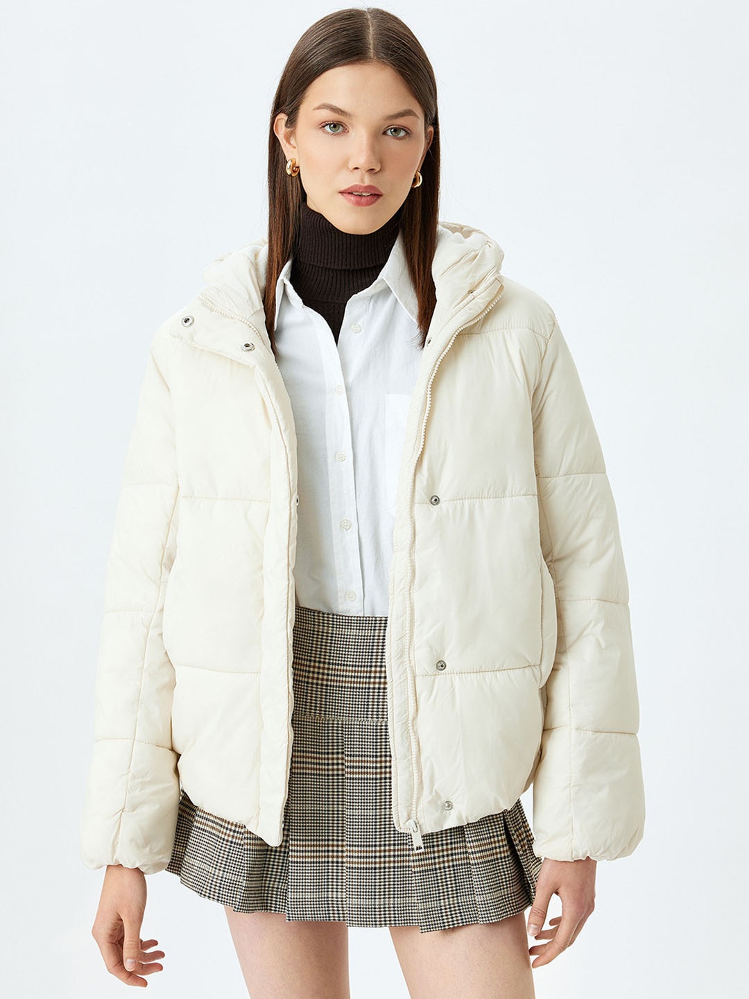 

Koton Women Geometric Checked Longline Tailored Jacket, Off white