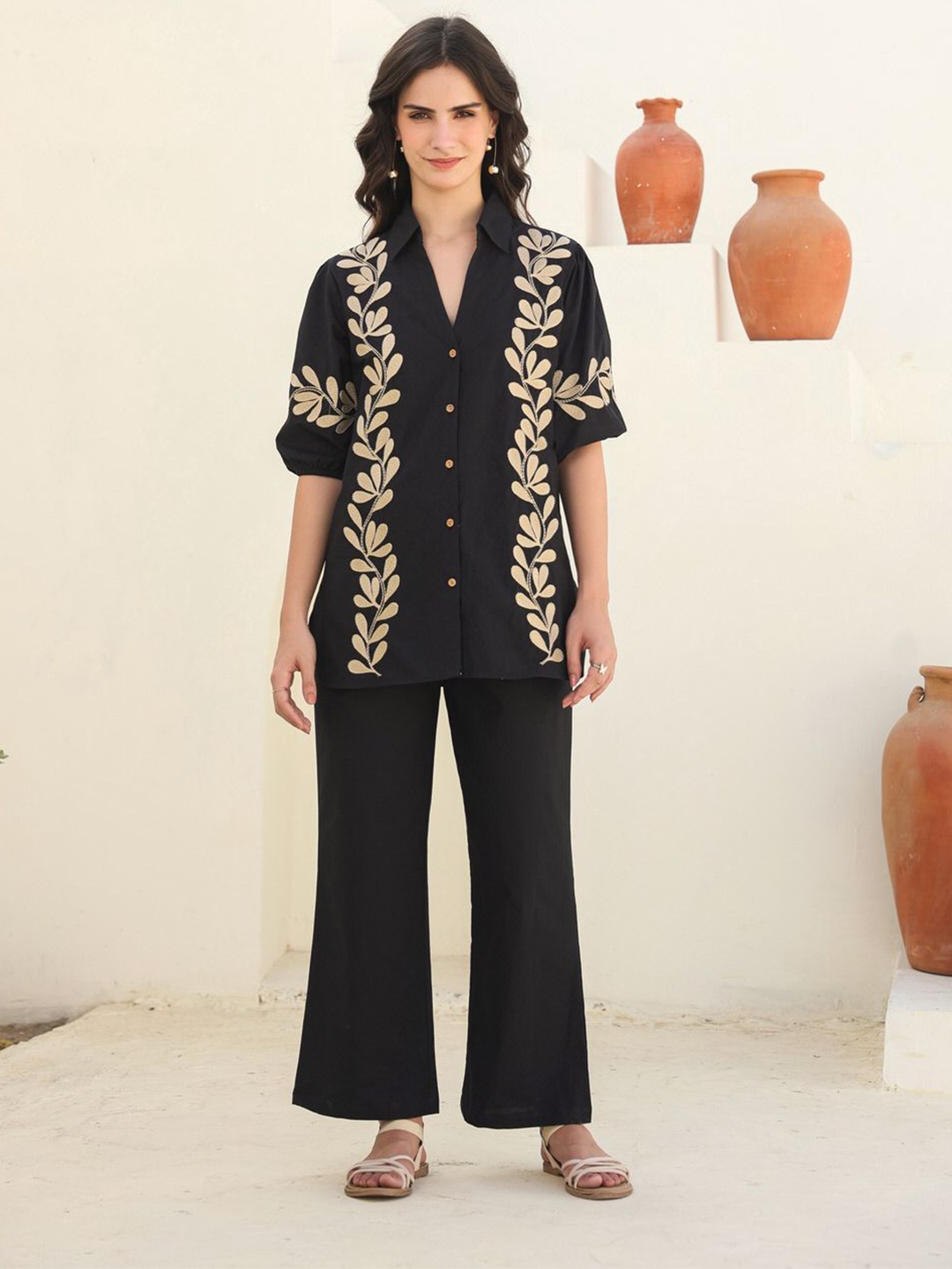 

JISORA Embroidered Pure Cotton Shirt With Trouser, Black