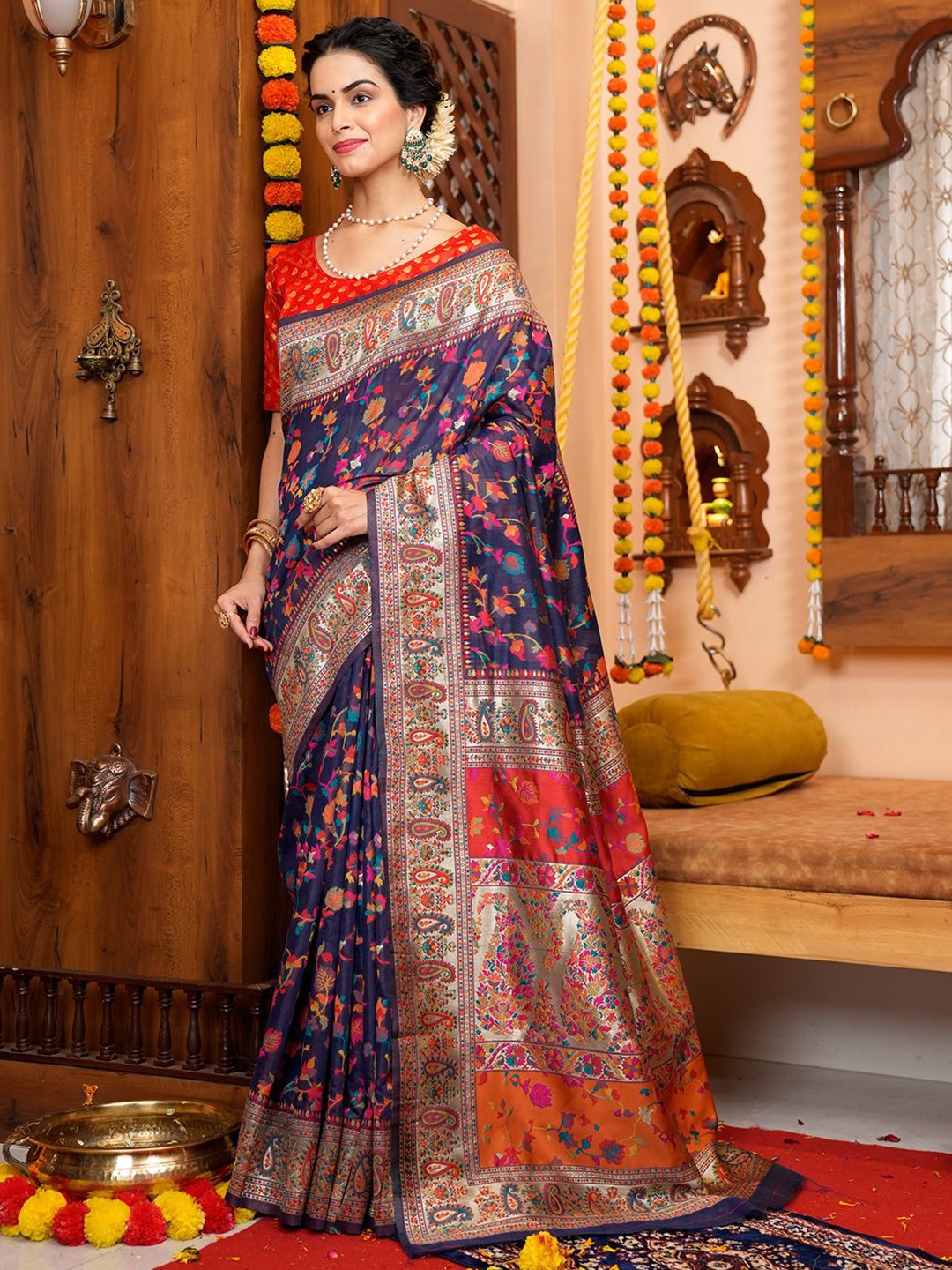 

DEVATITHI Woven Design Zari Silk Blend Saree, Blue