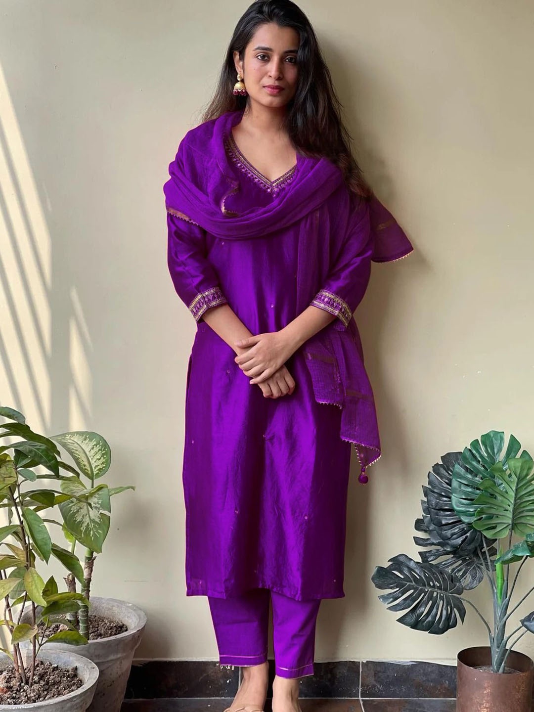 

KALINI Women Regular Mirror Work Kurta with Trousers & With Dupatta, Purple