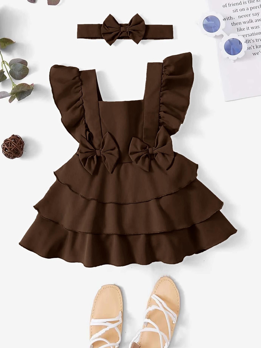 

LYTIX Infant Girls Bow Front Square Neck Crepe Flutter Sleeves Ruffle Flare Dress, Coffee brown