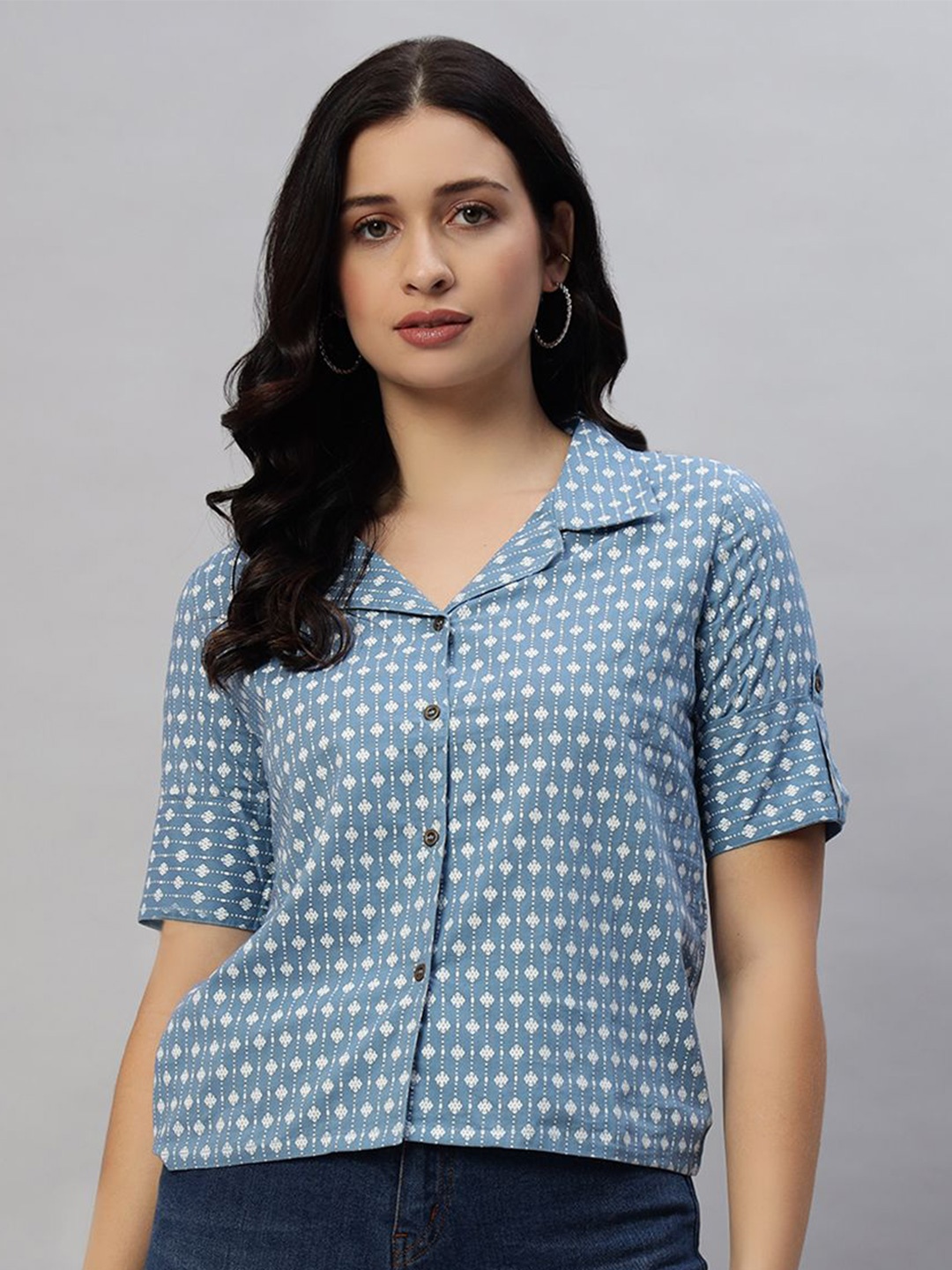 

KBZ Floral Print Cotton Shirt Style Crop Top, Grey