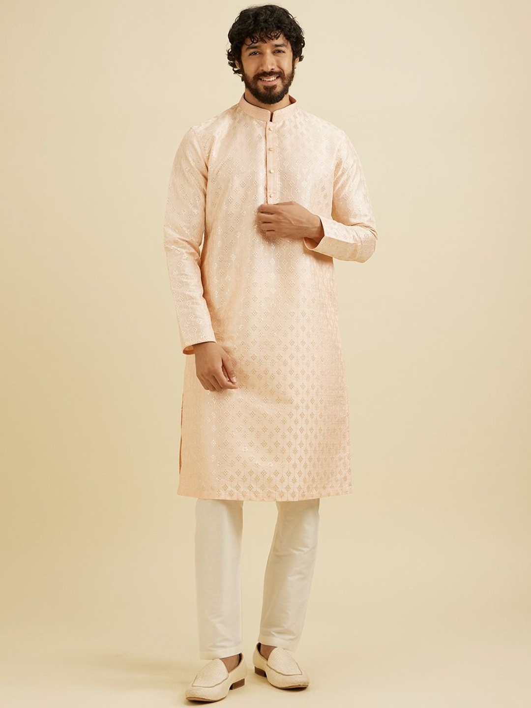 

Manyavar Men Embroidered Regular Sequinned Kurta with Pyjamas, Peach