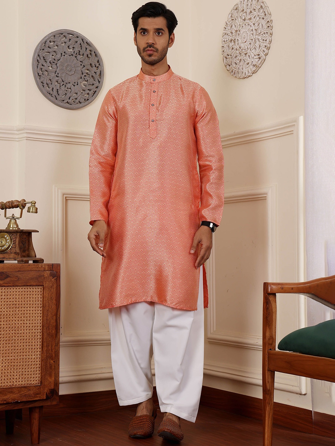 

Rawayi Men Thread Work Kurta, Orange