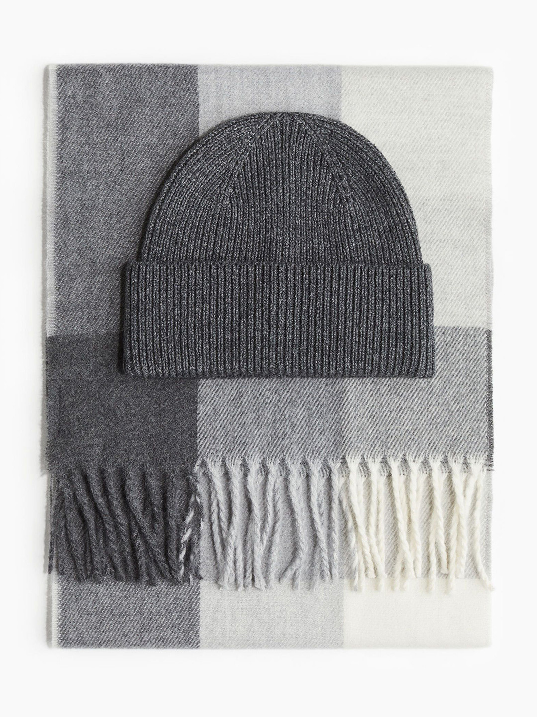 

H&M 2-Piece Checked Scarf & Beanie Set, Grey