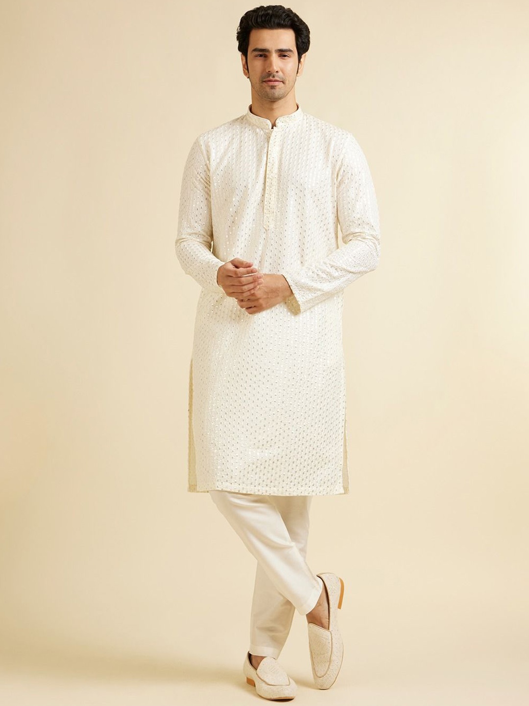 

Manyavar Men Embroidered Regular Sequinned Kurta with Pyjamas, White