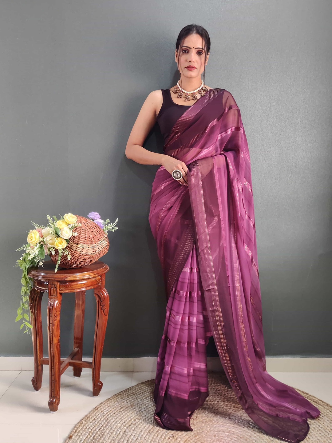 

KALINI Pure Chiffon Leheriya Zari Ready to Wear Jamdani Saree, Pink