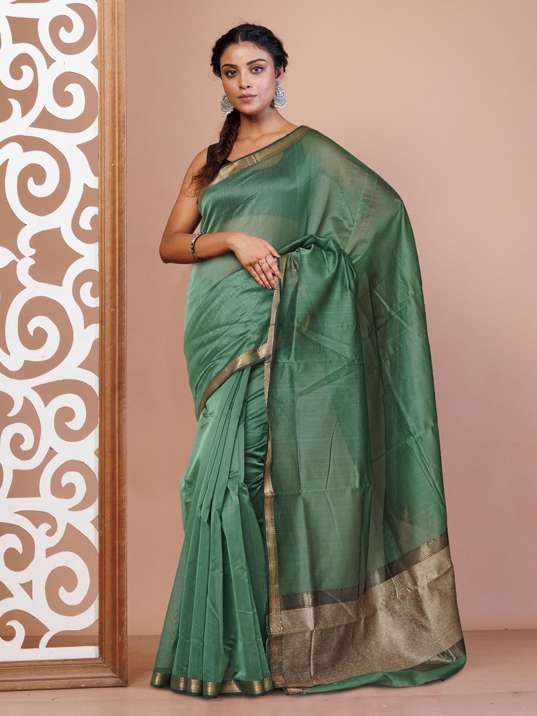 

Unnati Silks Zari Silk Cotton Handloom Maheshwari Saree, Green