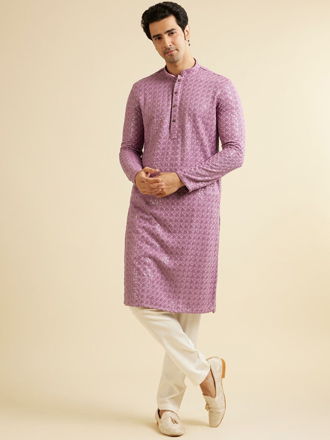 

Manyavar Men Embroidered Regular Sequinned Kurta with Pyjamas, Purple