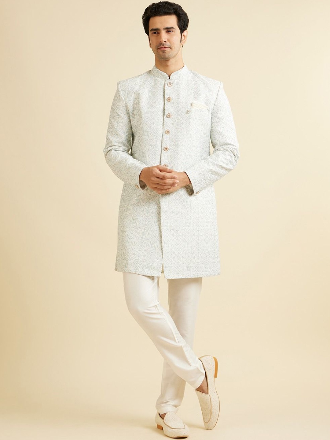 

Manyavar Men Embroidered Regular Sequinned Kurta with Trousers, White
