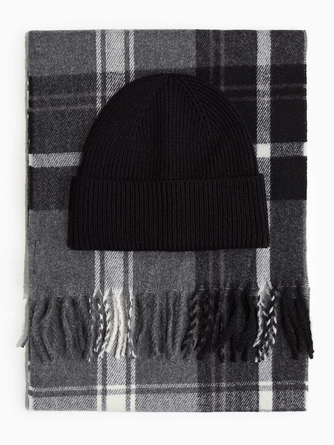 

H&M 2-Piece Checked Scarf & Beanie Set, Grey