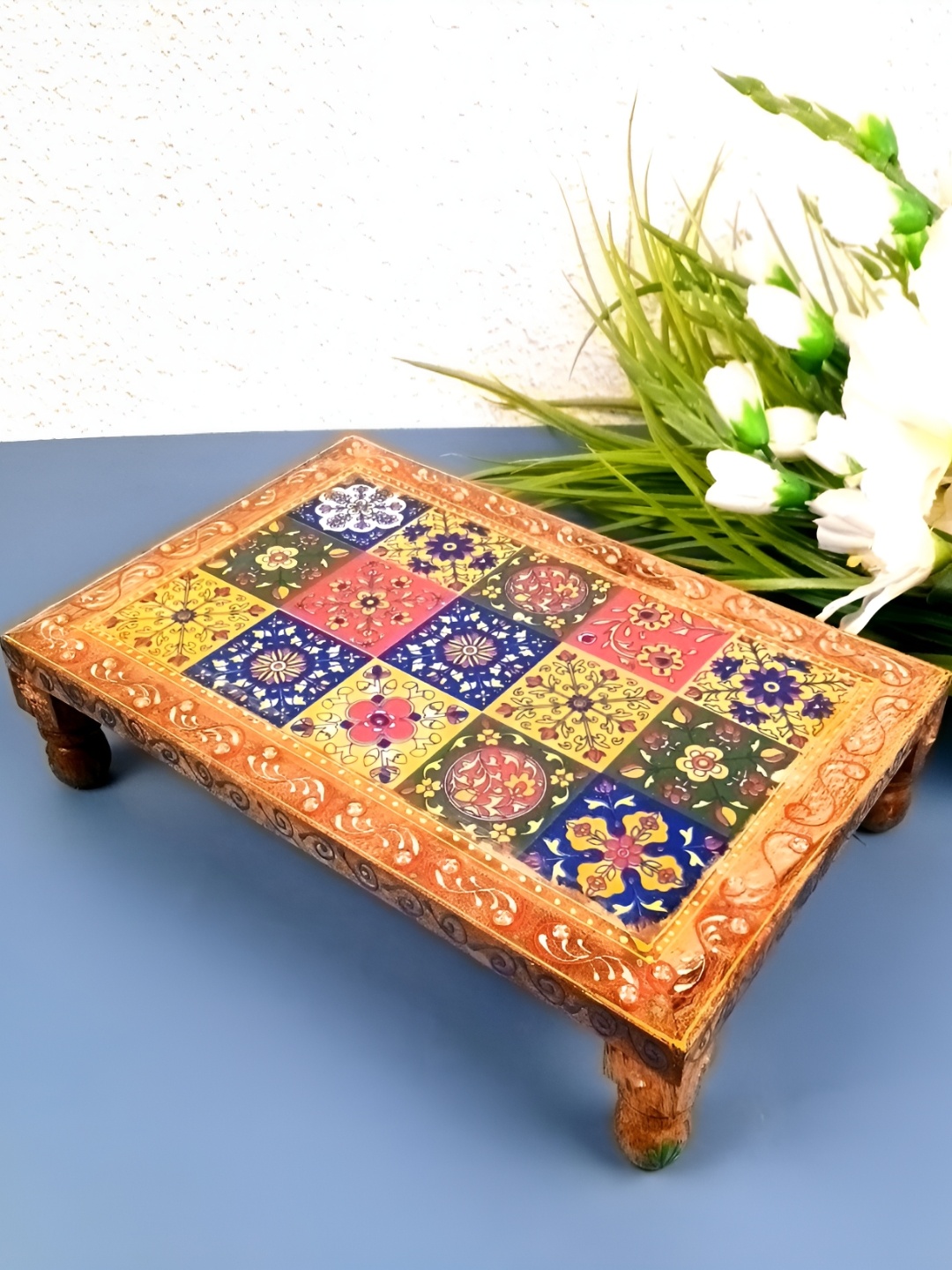 

apka mart Yellow & Blue Wooden Pooja Chowkie