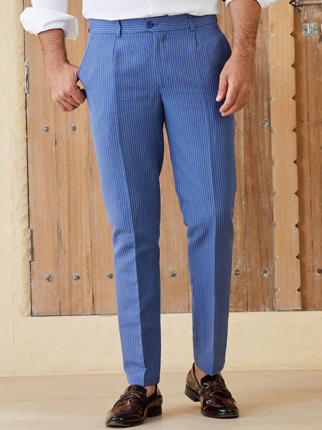 

MR BUTTON Men Tailored Pleated Trousers, Blue