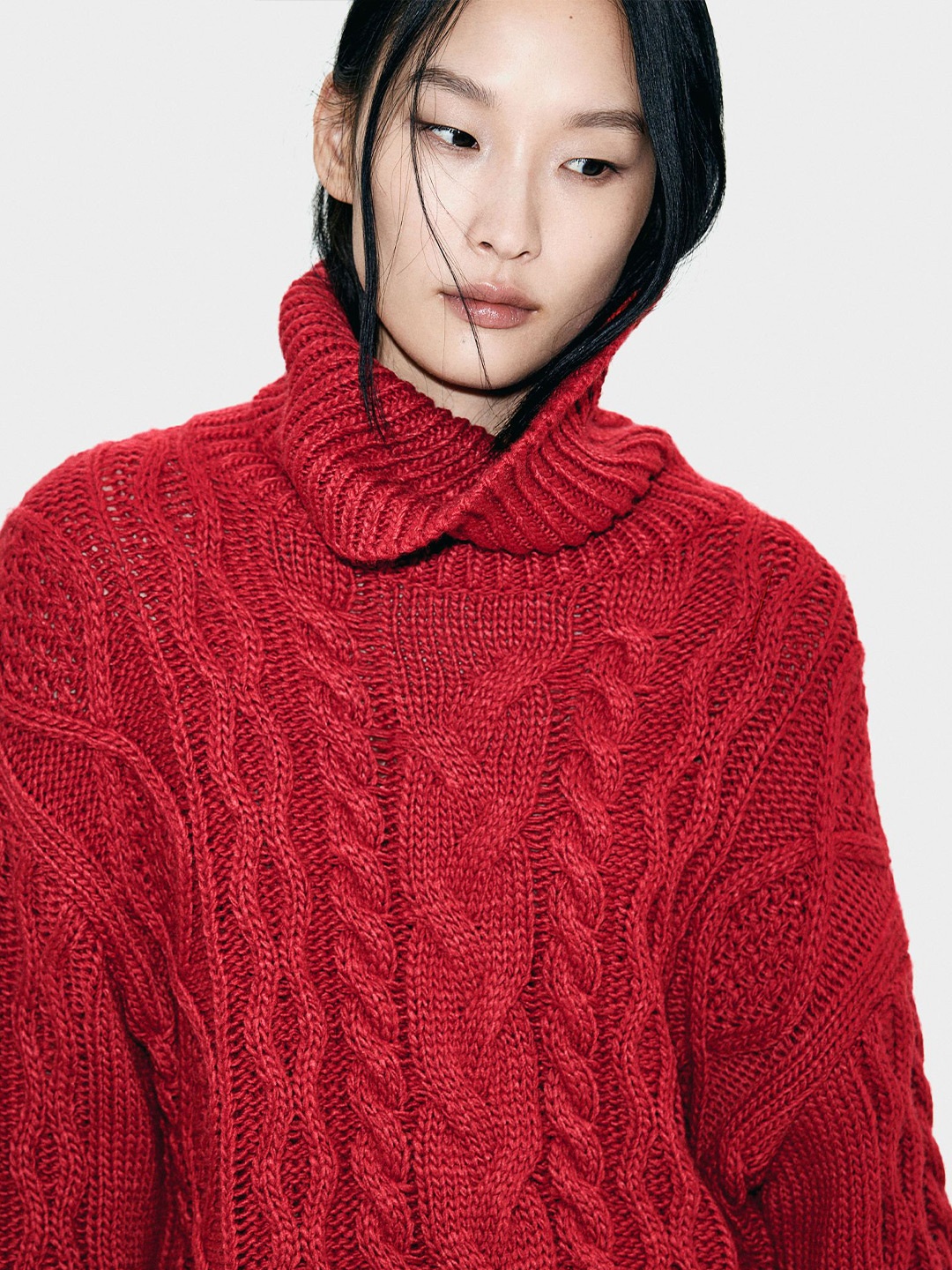 

H&M Cable-Knit Polo-Neck Jumper, Red