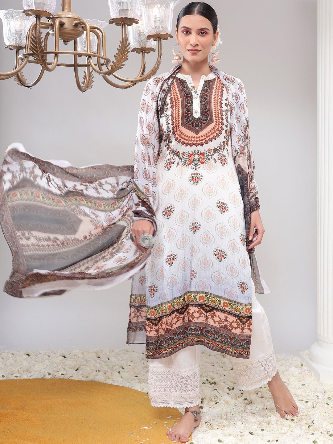 

REETI OF PRINTS Unstitched Dress Material, Cream