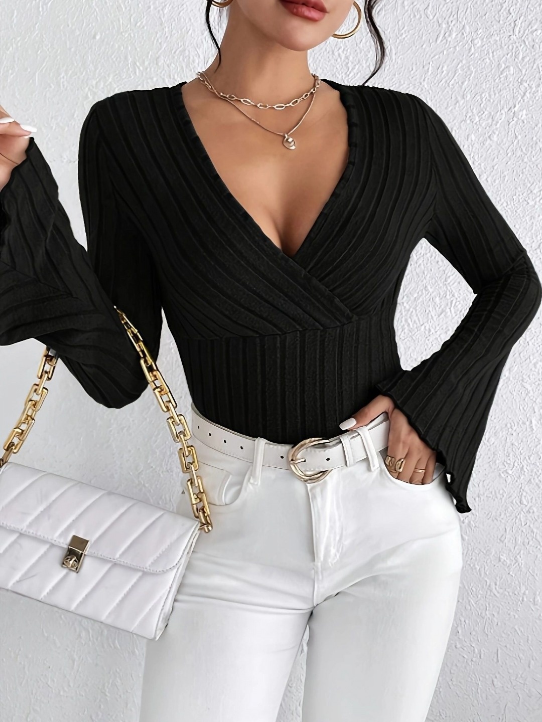 

StyleCast Women Striped V-Neck T-shirt, Black