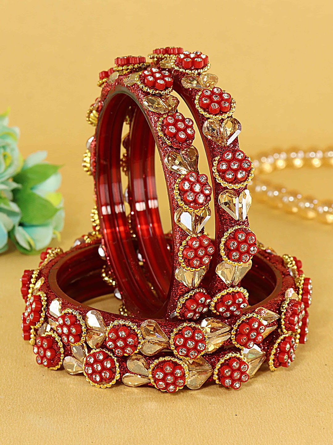 

ZULKA Set Of 4 Diamond Studded & Beaded Bangles, Red