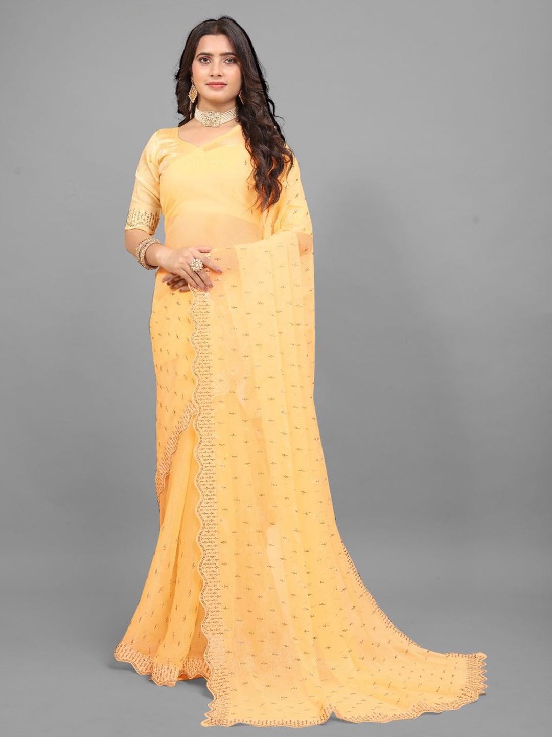 

DHRUTI CREATION Beads and Stones Embellished Heavy Work Saree, Yellow