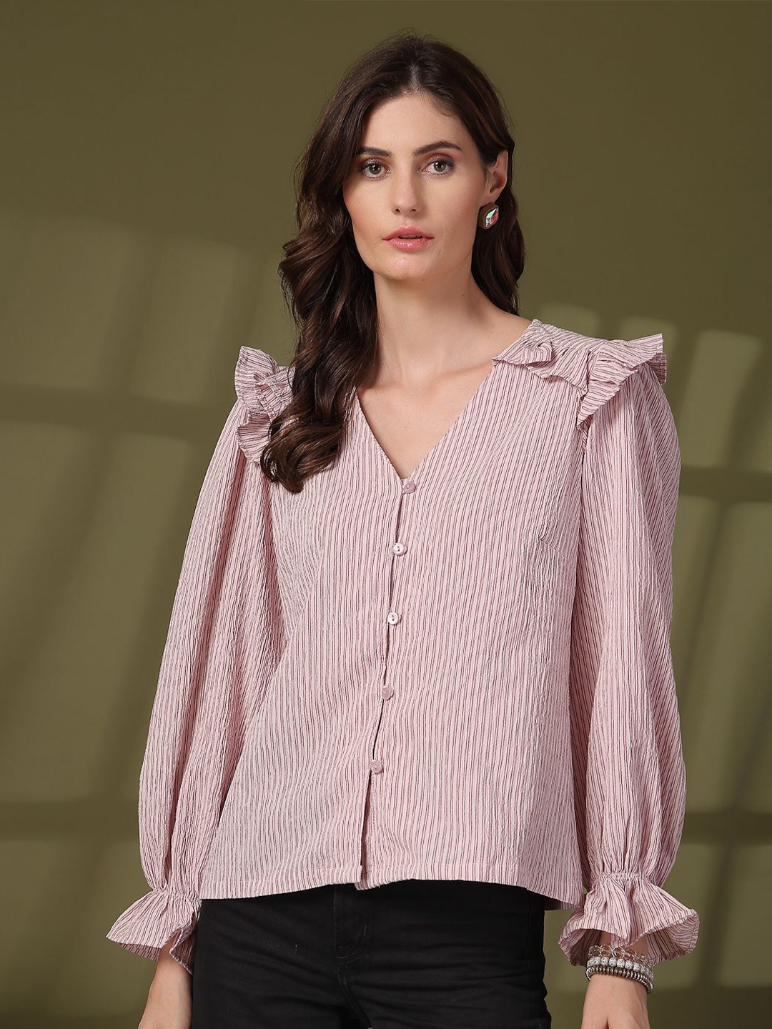 

plusS Striped Puff Sleeve Ruffles Top, Pink